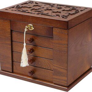 Wooden Jewelry Box for Women, Organizer Box of Solild Wood with Lock and Key for